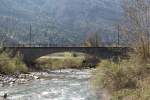 SEFT Nachschau 2014,Ein Strassenbauprojekt in Roveredo und andere Gründe machten der Museumsbahn im Misoxer Tal(Valle Mesolcina)den Garaus.Auf dieser Brücke über die Moesa zwischen San Vittore und Roveredo,wurden von den Eisenbahnfans viele Fotos von den Zügen der Rhätischen Bahn und später der Ferrovia Mesolcinese  geschossen .Jetzt wird hier kein Zug mehr darüberfahren.29.03.14
