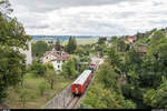 125 Jahre Orbe - Chavornay am 8. September 2019.<br>
Der Gästezug von RVT-historique wird von der Travys Am 842 705 nach Orbe geschoben.