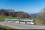 Be 4/8 34 der Appenzeller Bahnen (Trogenerbahn) mit Werbung für die Berit Klinik in Speicher fährt am 27.