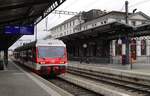 Der BDeh 3/6 25 der Appenzeller Bahnen steht als S 25 am 27.02.2023 im Bahnhof Rohrschach abfahrbereit nach Heiden