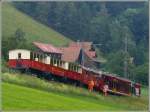 Regio 611 unterhalb von Schwendi. Der BDeh 3/6 25 schiebt den Fahrradwagen und drei Sommerwagen nach Heiden. (12.06.2008)