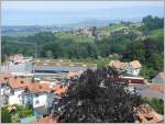 Endstation Heiden mit dem Dorf Wolfhalden, darber der Rohrspitz (A) und dahinter Lindau (D) am Bodensee.