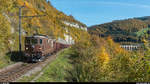 BLS Re 4/4 191  Reichenbach , vermietet an die CJ, am 12. Oktober 2018 mit einem Zuckerrüben-Leerzug Delémont - Alle bei St-Ursanne.
