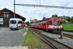 RBDe 94 85 7 566 222-6 und Bt (ex. ABt) 50 85 80-35 922-4 als Regio 26445 im Endbahnhof Bonfol, 14.08.2014. 

