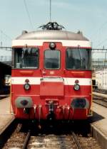 Frontansicht des Triebwagen BDe 4/4  101 im Bahnhof von Porrentruy im Juni 1984