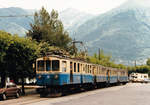 FERROVIE AUTOLINEE REGIONALI TICINESI.
CENTOVALLIBAHN/FART.
Seit dreissig Jahren Geschichte ist die Ortsdurchfahrt als Strassenbahn in Locarno.
In wenigen Minuten hat an einem Samstag im Mai 1987 der stattliche SSIF Überlandzug ab Domodossola mit dem ABDe 4/4 18 den Endhalt Locarno erreicht.

Am 17. Dezember 1990 wurde der neue unterirdische Streckenabschnitt zwischen der Station Martino und dem SBB Bahnhof Locarno eröffnet.
Foto: Walter Ruetsch 