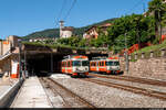 Am 11.07.2021 stehen FLP Be 4/12 25 und Be 4/12 24 in der Endstation Ponte Tresa nebeneinander. In wenigen Minuten wird sich Nr. 25 auf den Weg zurück nach Lugano FLP machen.