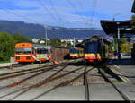 travys / OC - Be 2/2 14 und Be 4/8 450 003-9 und Be 4/8 450 004-7 im Bahnhof von Orbe am 16.10.2022