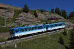 BDhe 2/4 14 und Bt 24 fahren am 17.8.12 talwrts, hier unterhalb Rigi Kulm.