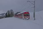 Von Wasserauen kommend passiert S23 1142 auf der Fahrt nach Gossau gleich einen verschneiten Fugngerbahnbergang bei Urnsch. Aufnahme entstand bei leichtem Schneefall am 28.12.2017.