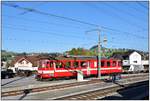 Ein Vertreter der alten Garde, der BDe 4/4 46, steht abgestellt in Appenzell. Aufnahme aus dem Zug nach Wasserauen. (17.10.2018)