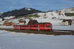 Am 01.02.2014 zieht der BDe 4/4 44 eine S 23 von Gonten Richtung Appenzell, aufgenommen kurz  vor Gorntenbad.