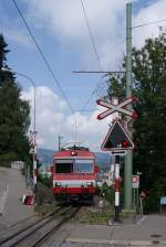 BDeh 4/4 Nr. 14 ist am 10.08.2015 als S 2117 auf dem Zahnstangenabschnitt auf der Ruckhalde von St. Gallen nach Appenzell unterwegs 