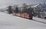 Kurz nach der Abfahrt in Urnsch ist Triebwagen BDe 4/4 41 ‘GOSSAU‘ am 03.03.2013 von Gossau kommend unterwegs nach Wasserauen.