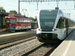 Triebwagen BDeh 1/2 der Rheineck-Walzenhausen Bergbahn und Thurbo Triebzug der S 1 nach Altsttten.Rheineck 16.07.08