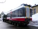 Abtransport 2 Teile der Be 4/8 34 zu Stadler Altenrhein nach der Entgleisung beim Bendlehn am 01.03.09. Aufnahmedatum 10.03.09.