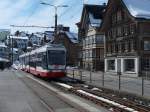 Be 4/8-Triebwagen Nr. 33 'Speicher' bei der Abfahrt in Trogen, der am 07.03.2015 als S21 4125 nach St. Gallen fährt.