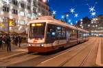 St. Gallen Marktplatz Bohl am Abend des 7. Dezember 2015. In der Stosszeit verkehren hier die Busse fast im Minutentakt und zwischendurch kommt auch noch die Trogenerbahn vorbei um die Pendler mitzunehmen.