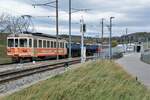 ASM BTI Aare Seeland mobil AG Biel-Täuffelen-Ins-Bahn: Be 4/4 304 + Fa 576 + Fa 571 + Fa 572 + Be 4/4 302, Zug 8281 Finsterhennen-Sutz, Anschlussgleis Grube Finsterhennen, 20.