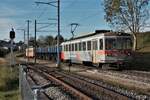 ASM BTI Aare Seeland mobil AG Biel-Täuffelen-Ins-Bahn: Be 4/4 304 + Fa 576 + Fa 571 + Fa 572 + Be 4/4 302, Zug 8245 Finsterhennen-Sutz, Anschlussgleis Grube Finsterhennen, 20.