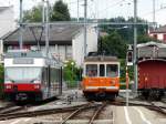 asm - Triebwagen Be 2/6 504 neben Triebwagen Be 4/4 101 neben Dienstwagen X 591 in Tuffelen am 29.07.2008