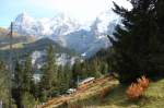 BLM Triebwagen BDe 4/4 nach Mrren vor dem mchtigen  Dreigestirn  Eiger,Mnch und Jungfrau.03.10.12