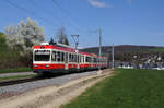 WB/BLT: Zug der Linie 19 Waldenburg-Liestal mit BDe 4/4 13 auf der Fahrt nach Waldenburg zwischen Hölstein und Niederdorf am 1. April 2017.
Hier handelt es sich um die einzige Privatbahn der Schweiz mit einer Spurweite von nur 750 mm, was sich leider bald ändern wird. Nach dem neuen Konzept sollen in Zukunft selbstfahrende Züge mit einer grösseren Spurweite zwischen Waldenburg und Liestal hin und her pendeln. Diese sehr grosse Investition in Zukunft erfordert auch einen grossen Eingriff in diese herrliche Landschaft, die sich stark verändern wird. Der Dampfzug soll als Denkmal erhalten bleiben. Dadurch kann er vor der Verschrottung bewahrt werden.  
Foto: Walter Ruetsch