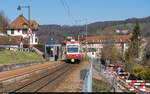 WB BDe 4/4 16 am 28. Februar 2021 an der Haltestelle Hölstein Süd.<br>
Noch bis am 5. April 2021 ist die alte Waldenburgerbahn auf 75 cm Spurweite in Betrieb. Danach wird die Strecke während 1.5 Jahren komplett auf Meterspur umgebaut und gleichzeitig umfassend modernisiert.