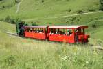 Eine weitere historische Dampflok, die H 2/3 7, dampft am 20.7.09 mit ihren beiden Wagen bergwrts. Wie fast alle Zge in den Ferien ist auch dieser fast bis auf den letzten Platz besetzt.