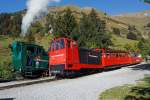 01.10.2011 Planalb: Hinten die Berg fahrende BRB 14 (Gemeinde Brienz) eine Heizl befeuerte Lok, Baujahr 1996 (3. Generation). Und vorne die Tal fahrende Diesellok BRB 9, Baujahr 1975. Weitere Infos unter: http://www.brienz-rothorn-bahn.ch 