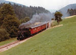 CJ: Hundert Jahrfeier der Jurabahnen (1000 mm).
Jubiläumszug mit der HG 3/3 1067 auf der Fahrt nach Tramelan am 16. August 1984.
Bei dieser Zugskomposition handelte es sich um einen stilreinen Zug der Brünig Bahn.
Foto: Walter Ruetsch