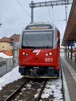Die Feont des Be 4/4 651  Le Paon-du-Jour  am 29.1.21 im Bahnhof Le Noirmont.