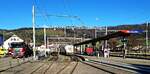 CJ Bf Glovelier__Links liefert der Lkw Holz zum Verladen auf die SBB, daneben CJ-Tw mit N-Spur-Flachwagen auf M-Spur-Rollwagen, rechts davon abfahrbereiter Müllcontainer-Zug und ganz rechts die CJ Rangierlok Tm 232 181-9.__27-02-2026