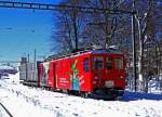 CJ/RhB: Der Güterzug mit dem Bef 642 ex RhB ABe 4/4 488 (Chur-Arosa) wartete am 25. Februar 2009 in La Chaux-de-Fonds auf die Abfahrt nach Tavannes.
Foto: Walter Ruetsch 