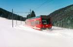 CJ: Regionalzug Tavannes-Le Noirmont mit ABe 2/6 631 zwischen Tavannes und Tramelan im Februar 2004.