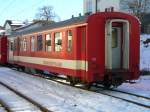 Rckseite des Steuerwagen BDt 721 im Bahnhofsareal von Saignelegier am 02.02.2007