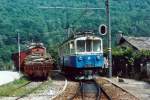 FART/SSIF: Sehr seltene Begegnungen im Jahre 1990 in Intragna. ABDe 4/4 18 und Xe 2/2 6 (ex Trambahn Locarno) mit Holzzug.
Foto: Walter Ruetsch