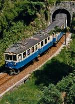 FART/SSIF: ABDe 4/4 18 (1924) bei einer der zahlreichen Tunnelausfahrten im Centocalli im Mai 1987. Dieser Zug befindet sich auf der Fahrt nach Domodossola.
Foto: Walter Ruetsch