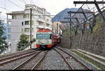 Be 4/12 21 der Lugano-Ponte-Tresa-Bahn (Ferrovia Lugano–Ponte Tresa/Ferrovie Luganesi (FLP) | S-Bahn Tessin) als S60 von Ponte Tresa (CH) erreicht den Endbahnhof Lugano FLP (CH) auf Gleis 11.