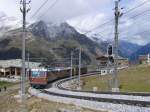 Ein aus zwei Triebwagen Bhe 4/8  bestehender Zug fährt bergwärts - Station Riffelberg (2.582 m), 15.08.2005  