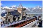 Station Gornergrat 3089m mit Turm und  Spitzhaube . Matterhorn 4478m und Dent Blanche 4357m. (05.08.2013)
