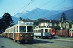 Chemin de fer Aigle–Leysin (AL)__Vor dem SBB-Bhf. Aigle : Garnituren der Bahnen nach Les Diablerets und Leysin_06-09-1976