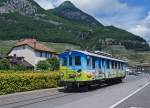 TPC/ASD: 100 Jahre ASD. Die Navettes gratuites entre Aigle et de dépôt Infra wurden mit dem BDe 4/4 2 geführt. Auf diesem kurzen fotogenen Streckenabschnitt verkehrt die ASD als Strassenbahn. Die Aufnahme ist am 5. Juli 2014 entstanden.
Foto: Walter Ruetsch