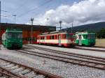 MBC / BAM - Triebwagen Be 4/4 14 und Be 4/4 15 und Be 4/4 12 abgestellt im Depotareal von Biere am 17.08.2014 .. Standort des Fotografen auf einem Feld neben dem Depot