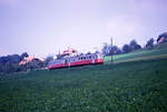 Der Triebwagen BDe8/8 3  Wohlen  der Bremgarten-Dietikon Bahn im Abstieg zwischen Vechigen und Worb. 24.September 1969 