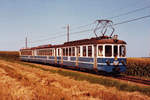 BTB BIRSIGTHALBAHN.
Stilreiner Regionalzug der Linie 17 Basel Heuwaage - Rodersdorf bestehend aus Rollmaterial 1966. Der blaue Zug mit dem Be 4/4 13 wurde im August 1982 bei Leymen verewigt.
Foto: Walter Ruetsch
