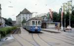 Basel BLT Birsigtalbahn Tram 17 (Tw 16) Bahnhof BTB Heuwaage am 29. Juni 1980.