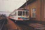 BTI / asm Seeland - Steuerwagen Bt 552 mit Be 4/4 im Bahnhof Täuffelen im Feb. 1992 .. Archiv Teutschmann