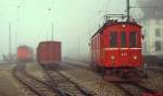 An einem nebligen Frühjahrsmorgen 1979 steht Be 4/4 203 der Frauenfeld-Wil-Bahn im Bahnhof Wil  