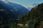 BDeh 4/4 501 der MC im Juli 1983 auf dem Weg von Le Chatelard nach Finhaut.